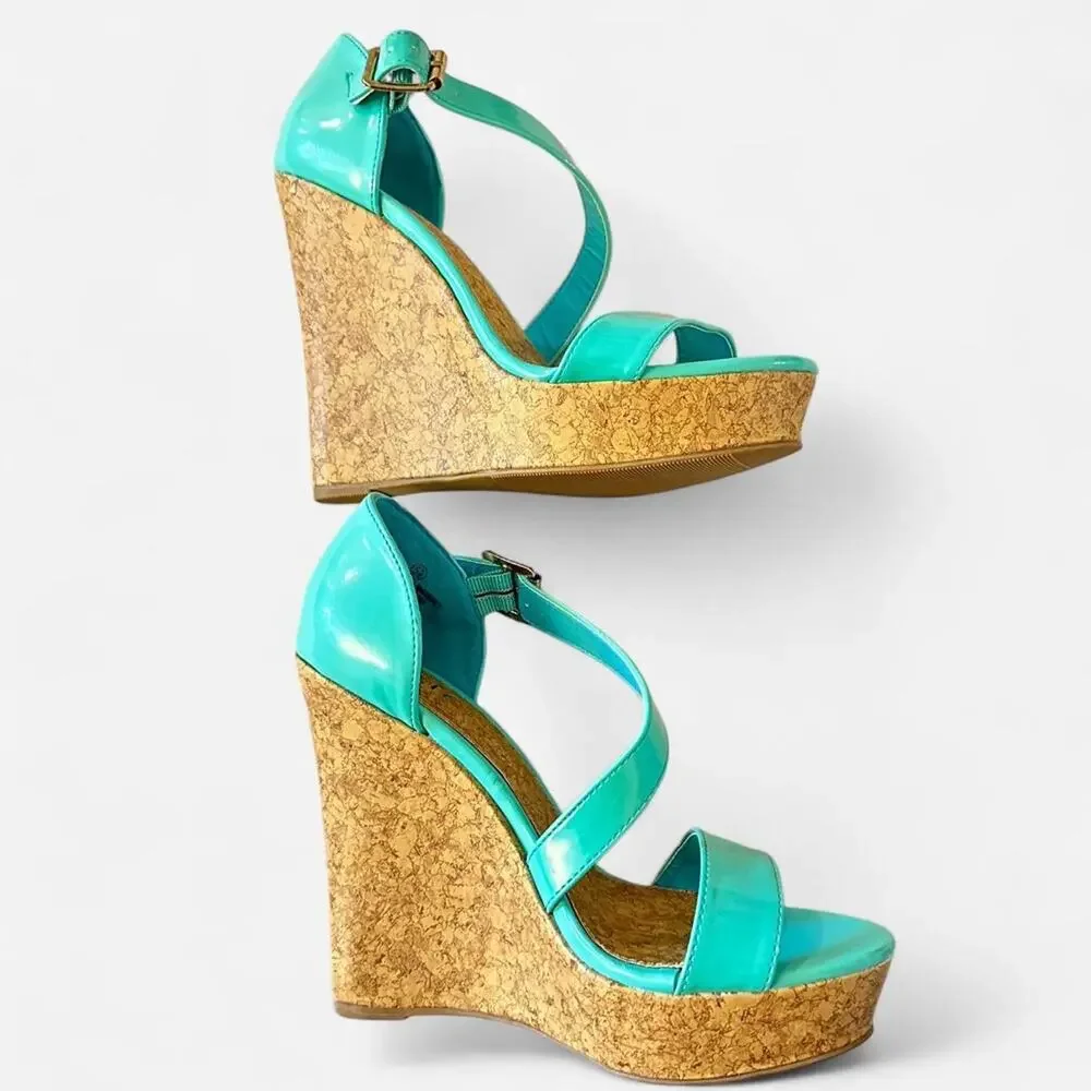 Y2K cork platform wedge sandals women size 5.5 California girl date night